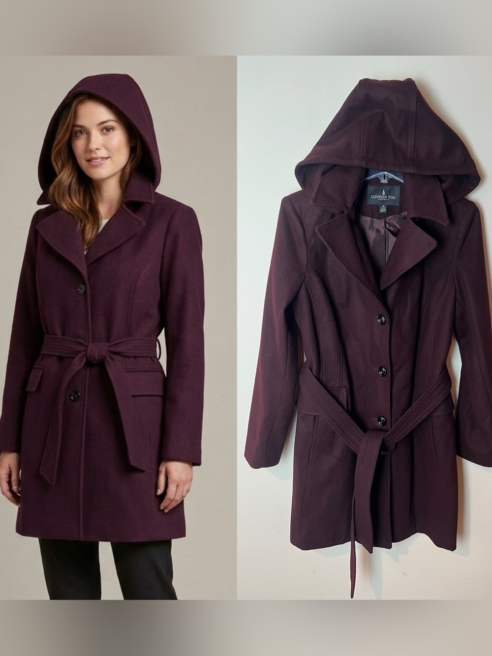 London Fog Burgundy Wool Mid Length Coat Medium Hooded Pockets Chic Preppy